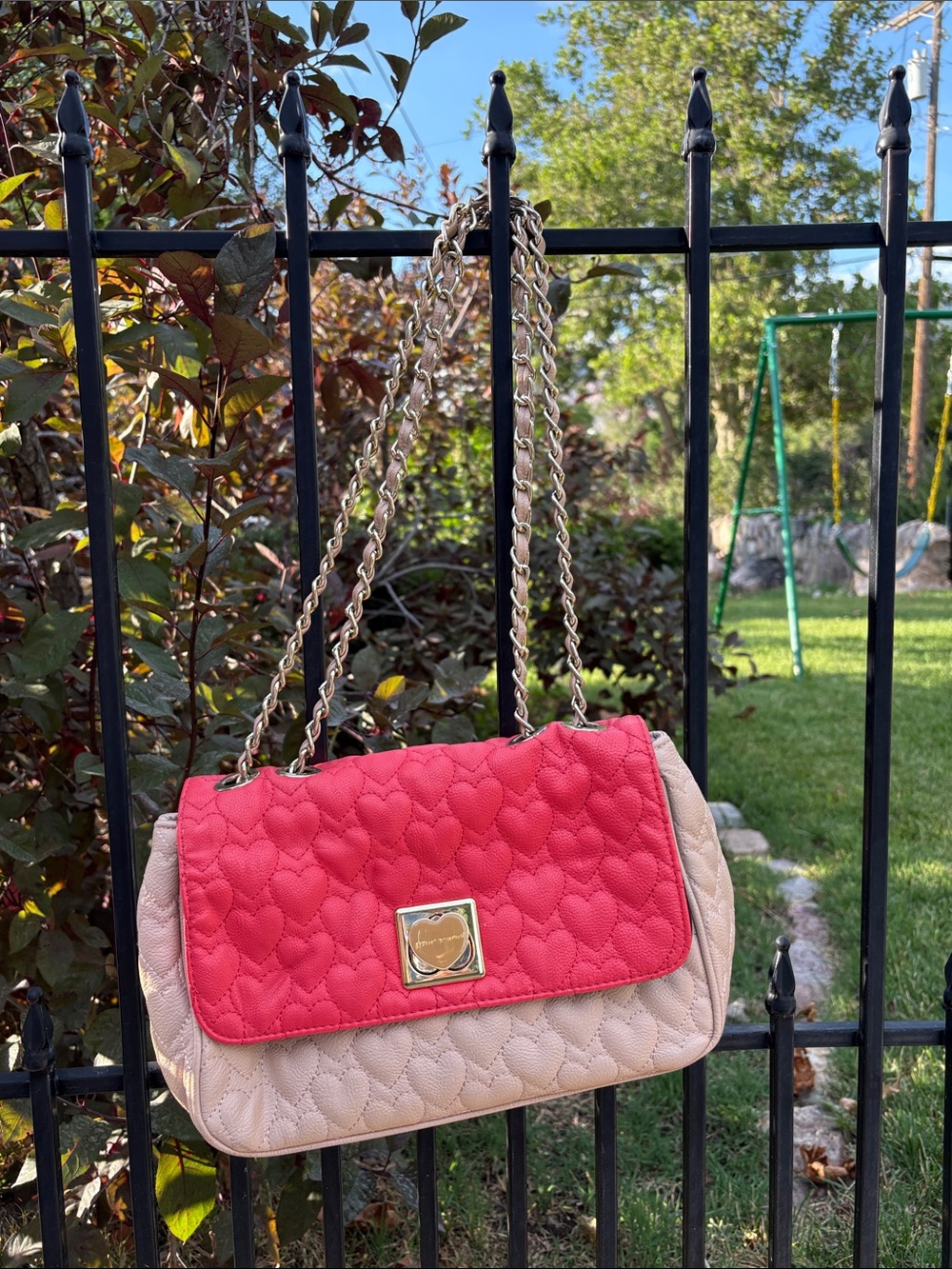 Betsey Johnson Pink & Beige Quilted Heart-Pattern Shoulder Bag